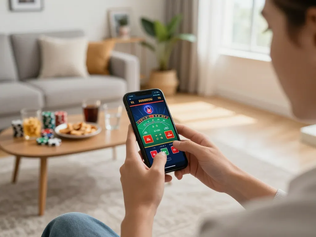 Engaging with DA88 mobile gaming on smartphone for live blackjack in a cozy home.