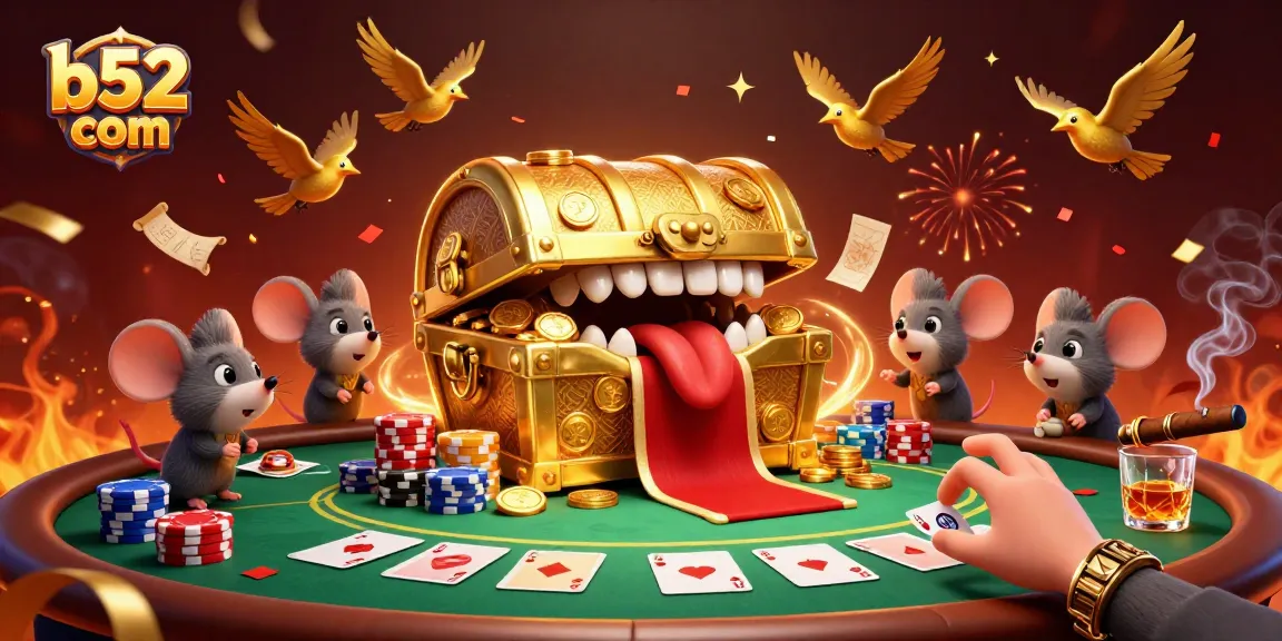 Engage with b52 com through thrilling poker action and vibrant casino visuals featuring a treasure chest and poker elements.