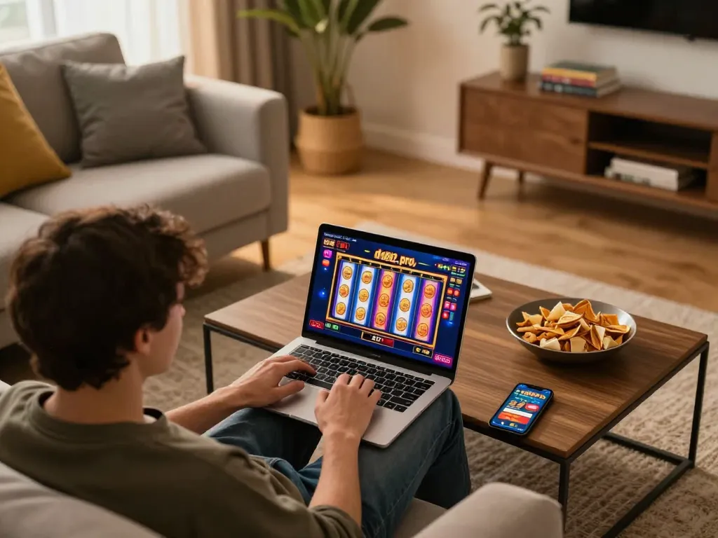 Engaging online gaming scene at home using https://dn882.pro/ with stylish elements and colorful slot interface.