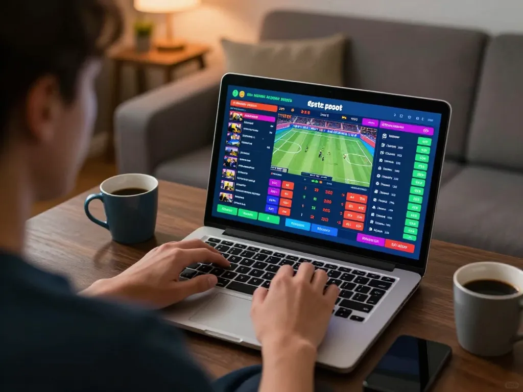 Person using laptop for online sports betting on NET88 with live match odds displayed.