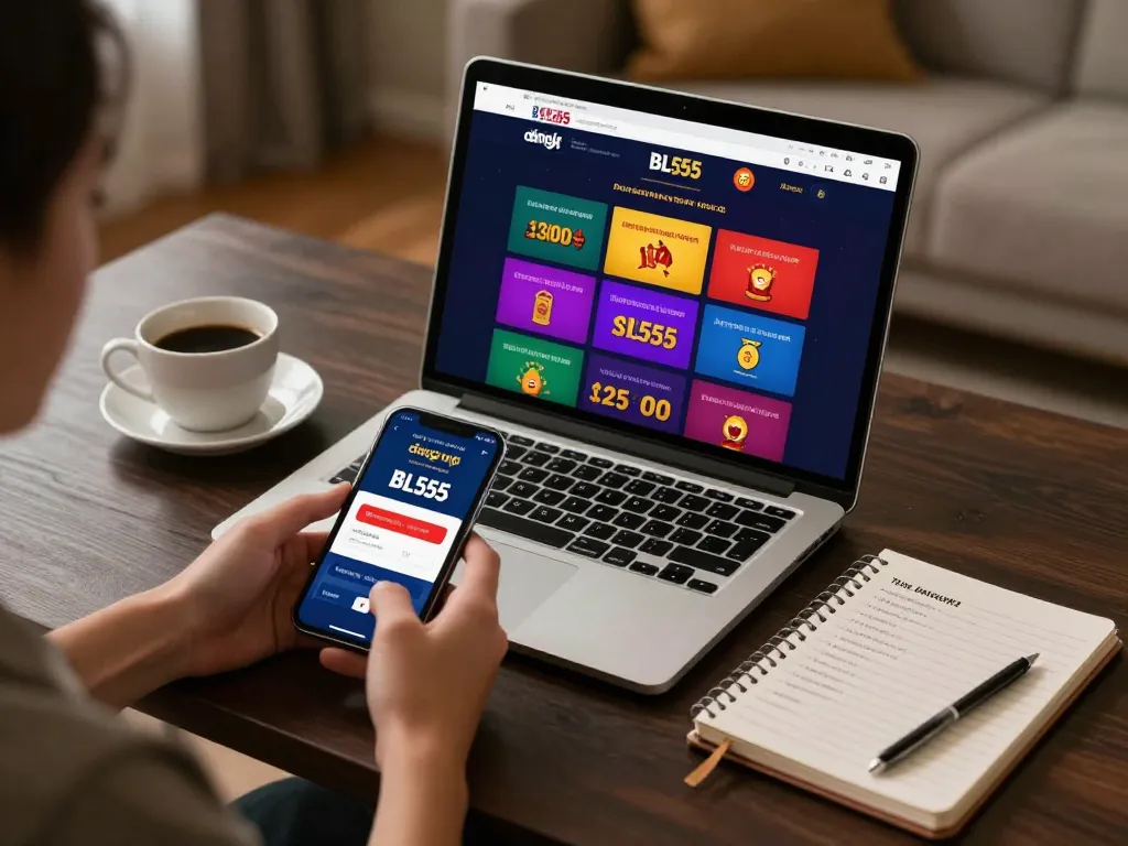 Engaging home gaming scene showcasing đăng nhập BL555 interface on laptop.