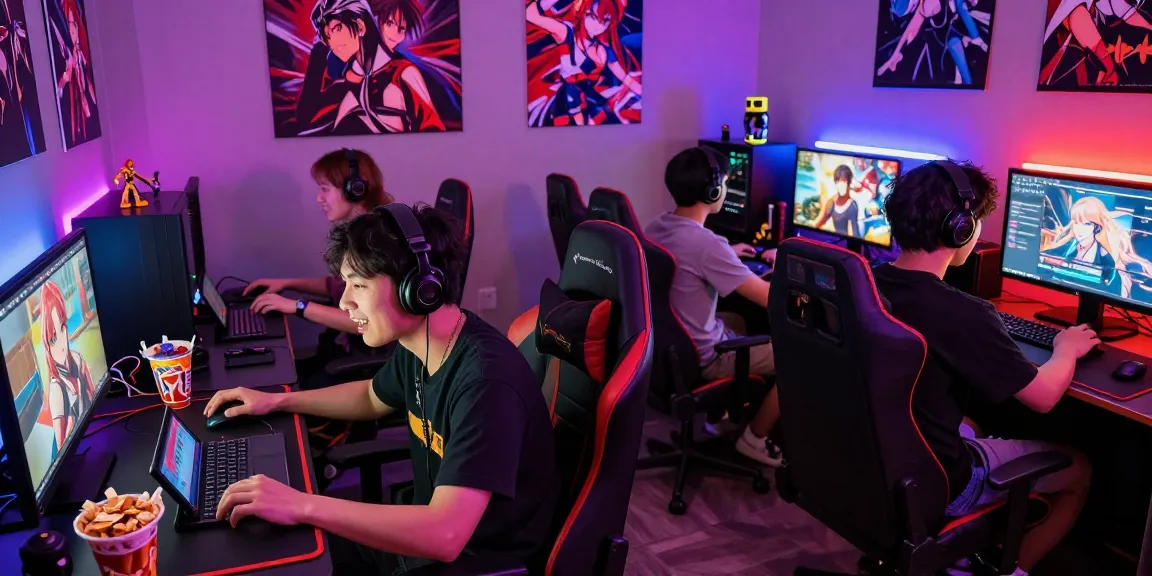 Group enjoying a lively session of hentai games in a colorful gaming lounge.