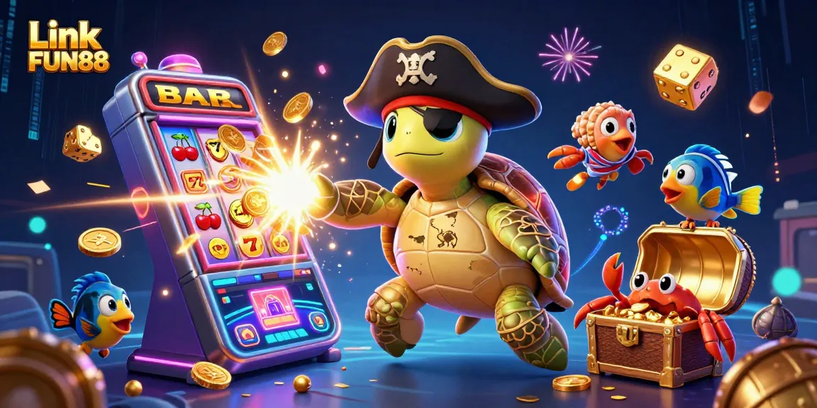 Play thrilling games at Link FUN88 with a vibrant casino-themed 3D illustration featuring lively characters.