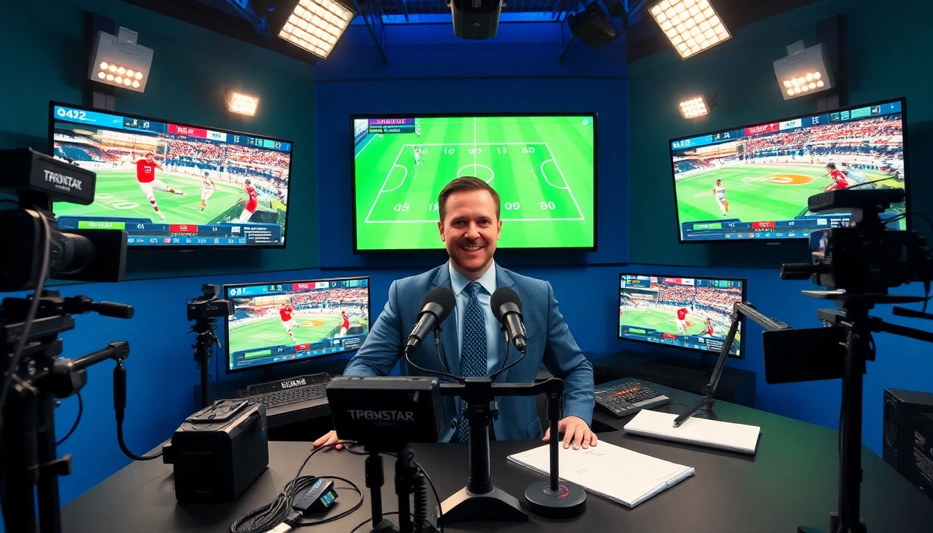 Engaging depiction of a sports broadcasting studio with vibrant visuals highlighting Sports Broadcasting.