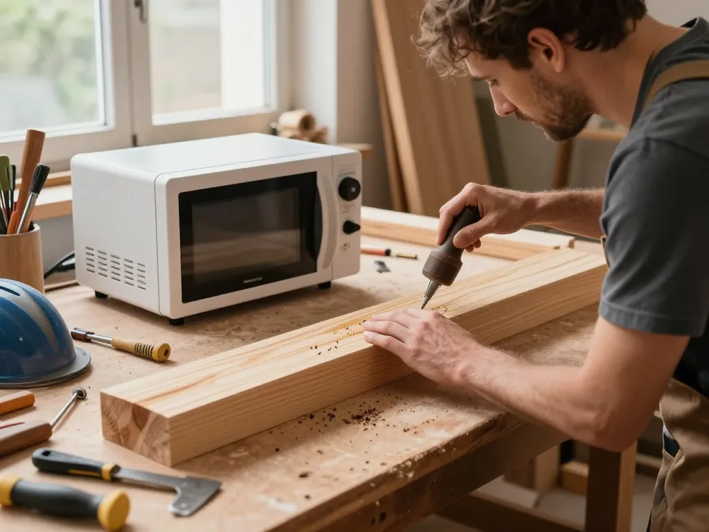 Trattamento microonde antitarlo efficace mostrato in un laboratorio in legno con un artigiano che utilizza attrezzature per il trattamento.