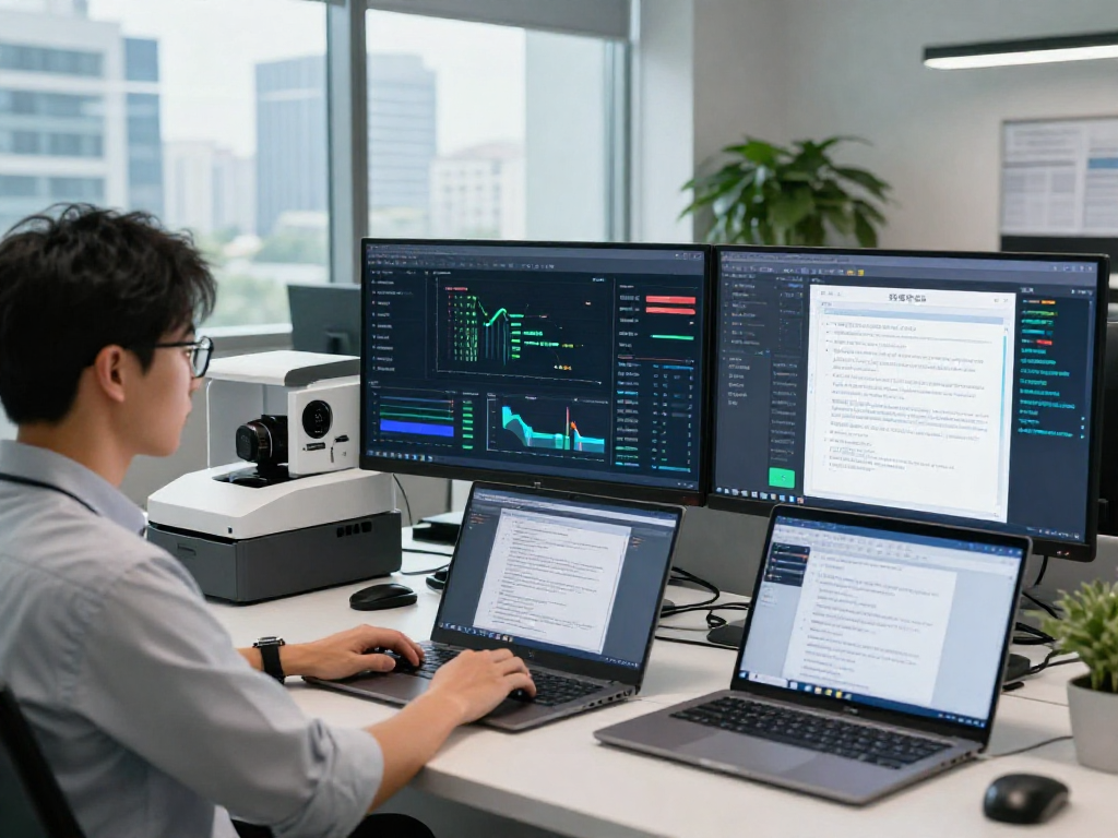 AI-powered document fraud detection analysis in a high-tech office environment.
