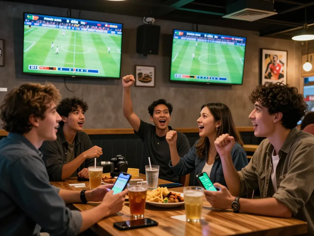 Excited fans analyzing kèo nhà cái while watching live football in a modern sports bar.