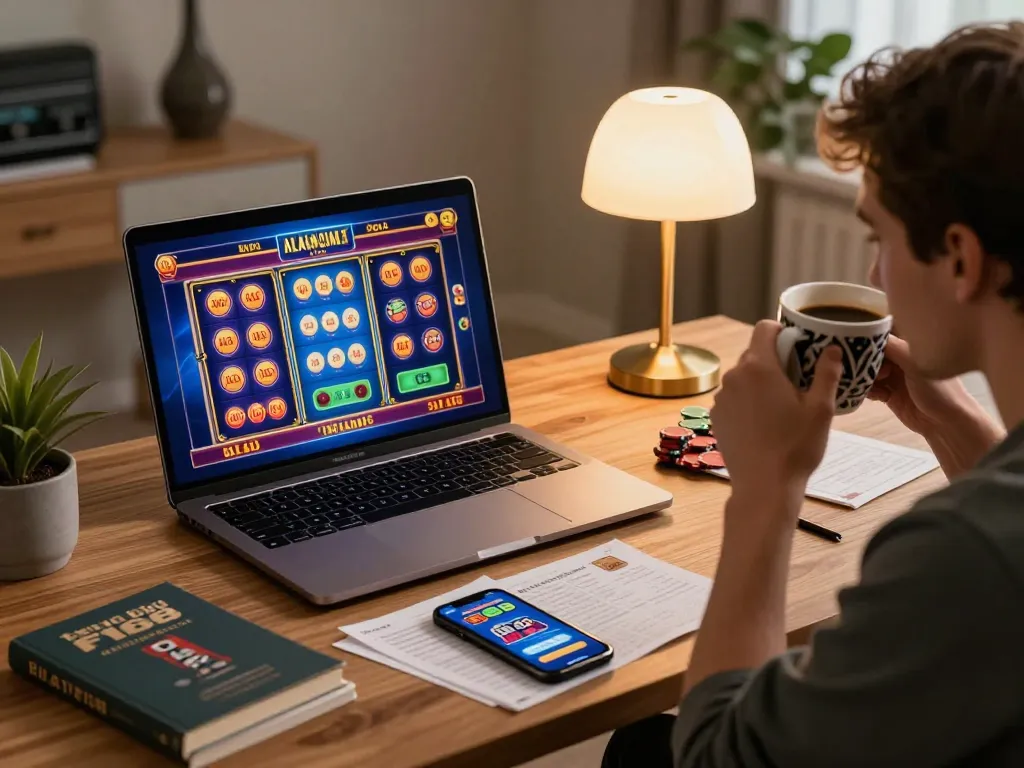 Engaging in online slots at trang chủ F168 with a cozy setup, focusing on responsible gaming strategy.