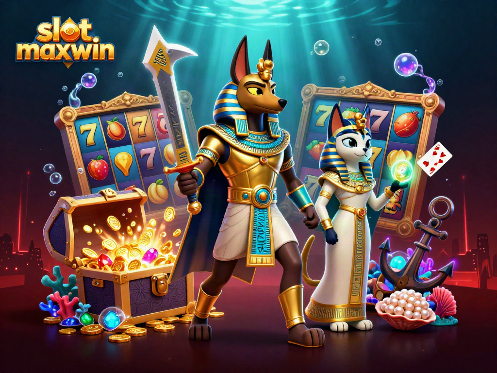 Engage with slot maxwin in a vibrant 3D scene featuring Anubis, Bastet, and slot elements.