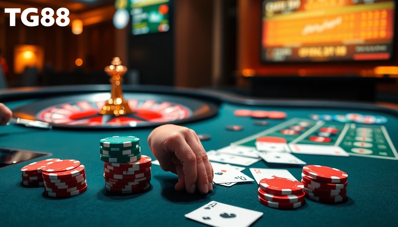 TG88 casino scene with poker chips and a roulette wheel, highlighting thrilling gambling excitement.