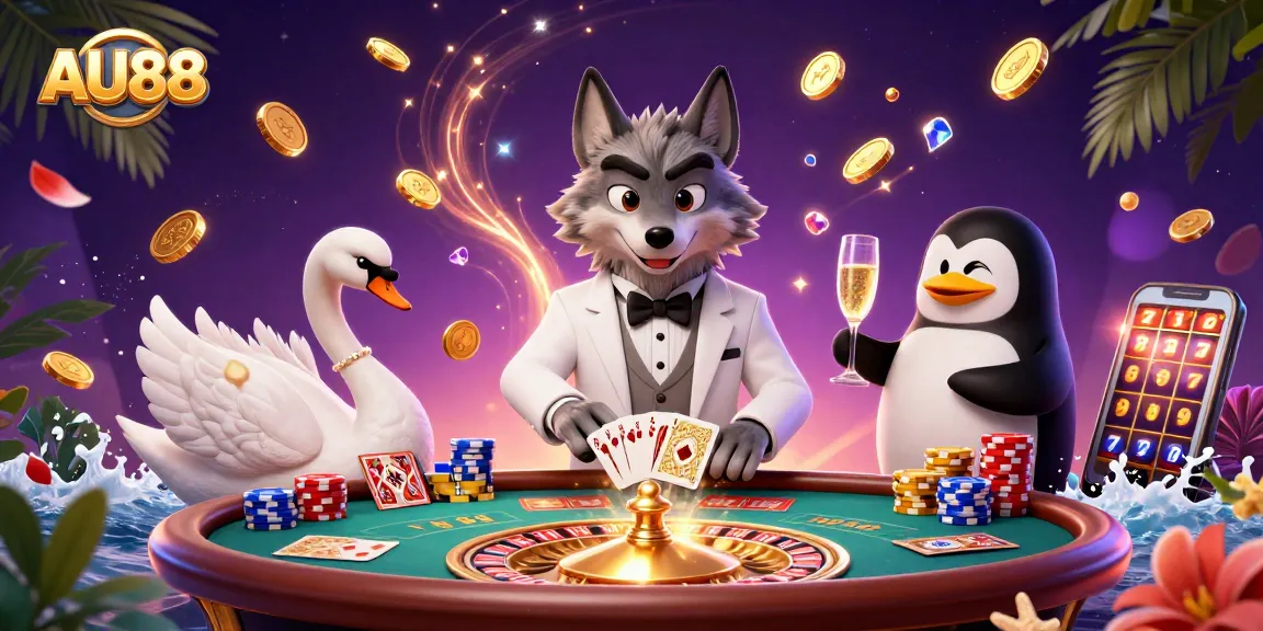 Experience thrilling baccarat at AU88 with a 3D cartoon wolf, swan dealer, and penguin sommelier.