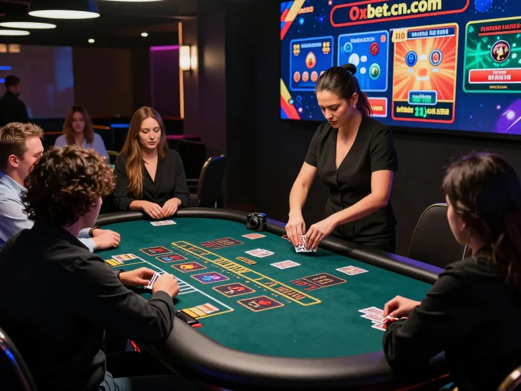 Players engaging in live dealer games on https://oxbet.cn.com/, showcasing excitement and interaction in a modern casino setup.