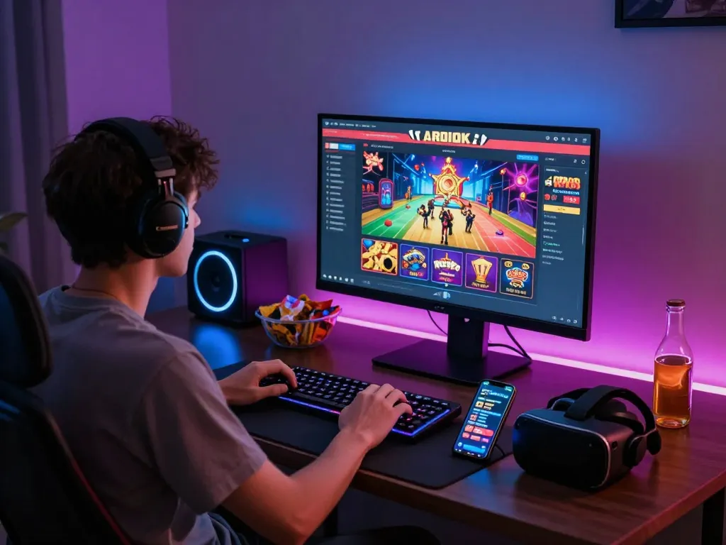 Experience thrilling online gaming at https://rikviprent.com with a vibrant virtual casino setup, a player immersed in the action.