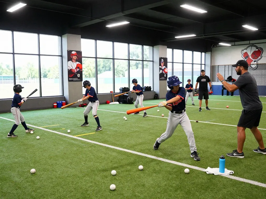 Young athletes at hitclub practicing baseball in a dynamic indoor training facility with bright lighting.