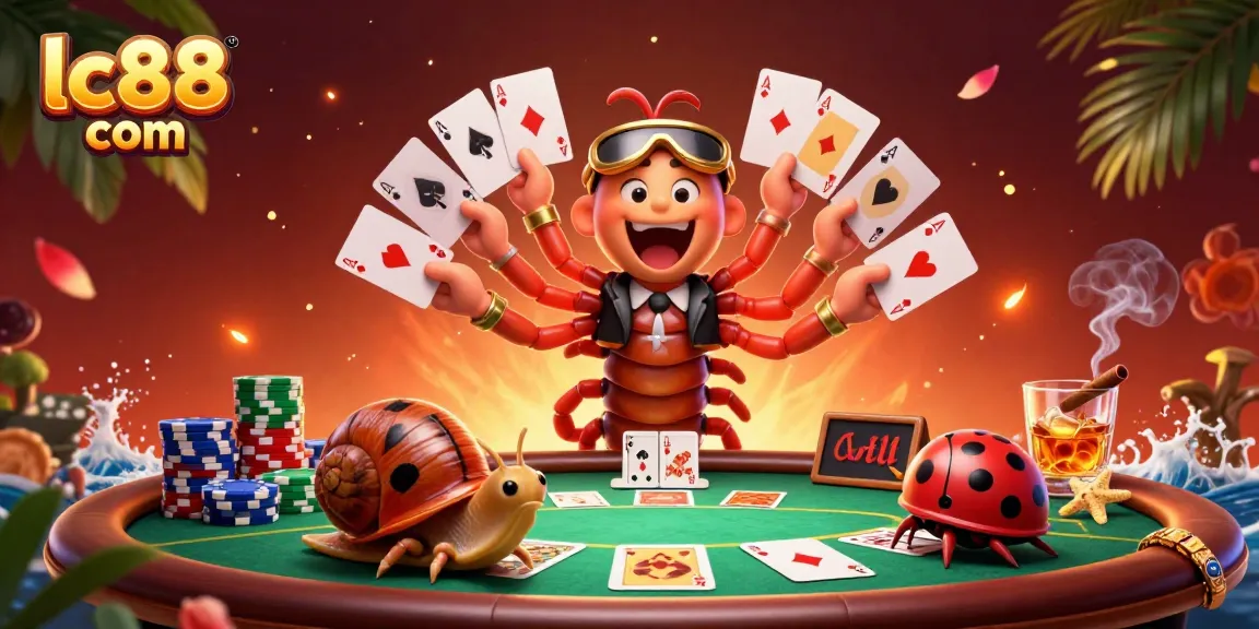 Engage with exciting gameplay at lc88 com featuring a lively millipede dealer and colorful poker chips.