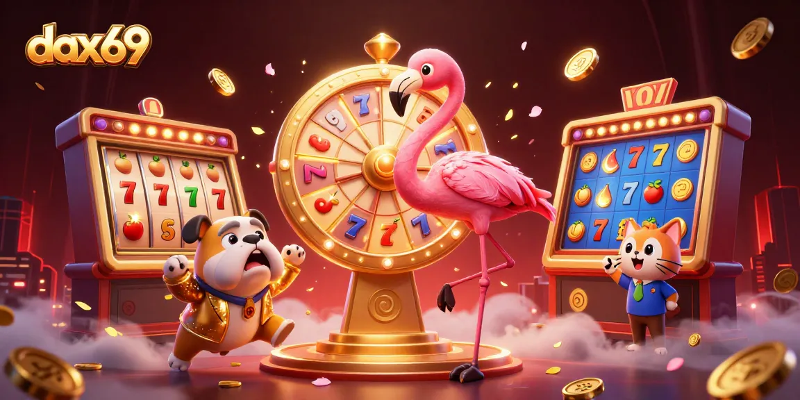 dax69 putaran slot jackpot dengan flamingo, bulldog, dan kucing di latar belakang kasino meriah