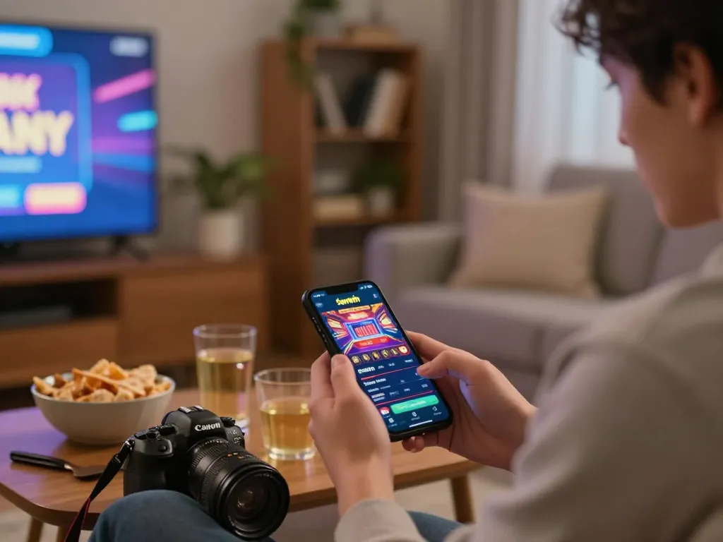 Engage with Sunwin mobile app for an exciting online gaming experience in a cozy home setting.