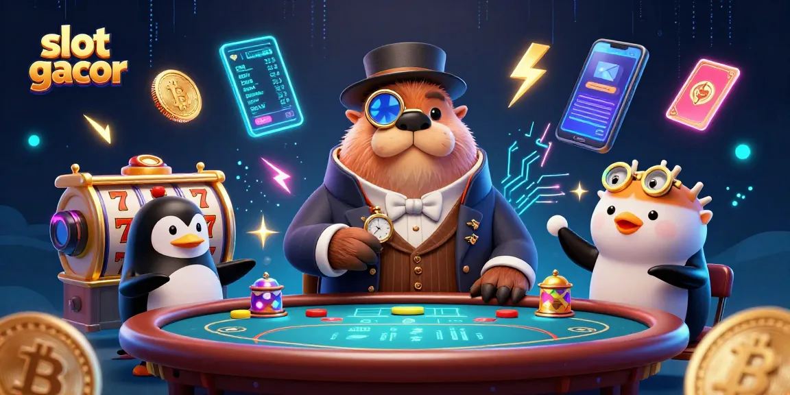 Slot gacor dengan karakter kartun lucu bermain di meja poker, dikelilingi efek mistis dan simbol slot.