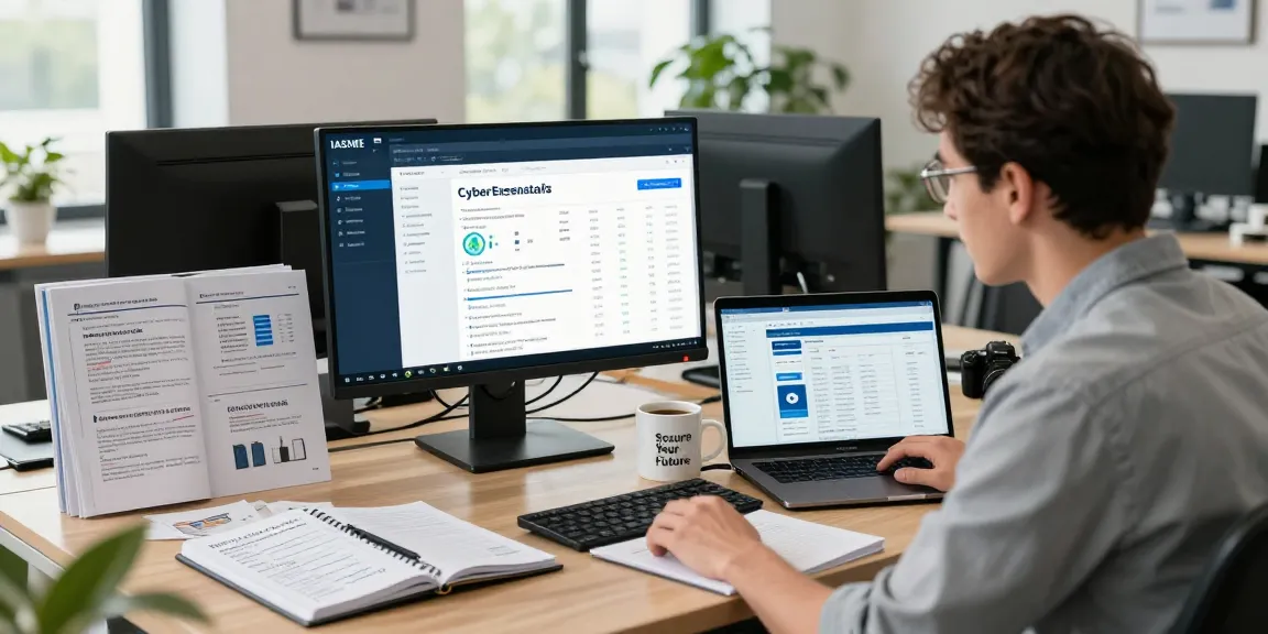 IT consultant managing iasme cyber essentials compliance metrics in modern office.