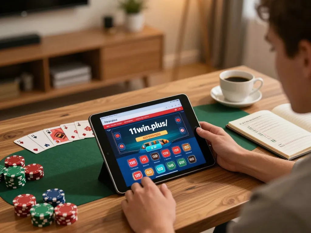 Engaging with https://11win.plus/ gaming on a tablet at home, showcasing poker and strategy notes.