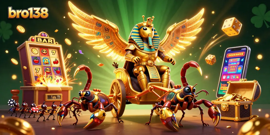 Join the fun at bro138 with a vibrant scene of a colossal golden beetle amid a jackpot explosion.
