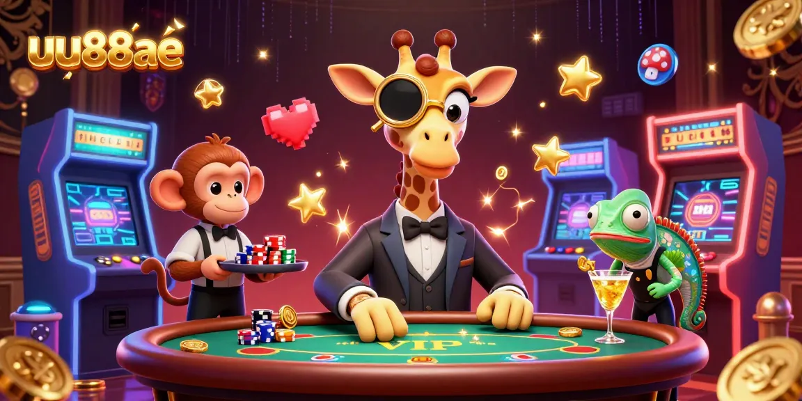 uu88ae brings excitement with a high-roller giraffe gambling at a VIP poker table surrounded by festive elements.