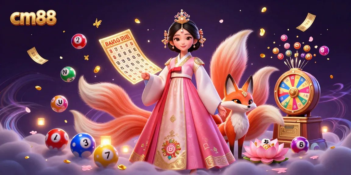 Experience cm88's vibrant gaming with colorful lottery elements and enchanting characters in this captivating illustration.