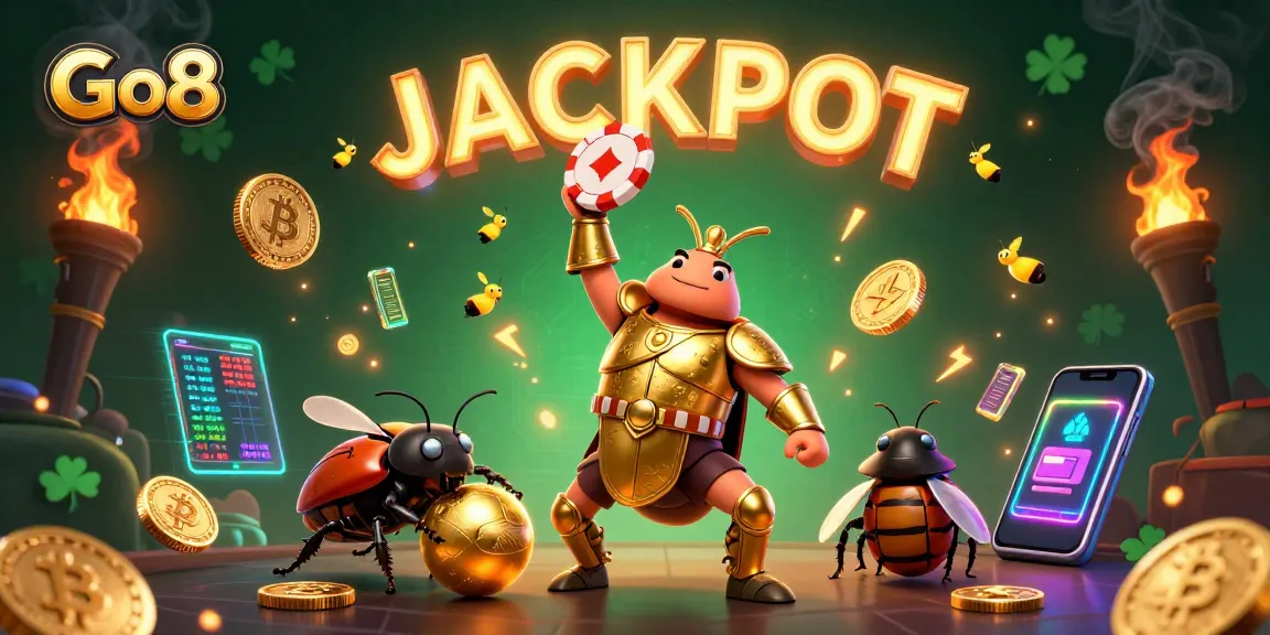 Go8 elevates your gaming experience by celebrating major wins amidst floating crypto elements and jackpot excitement.