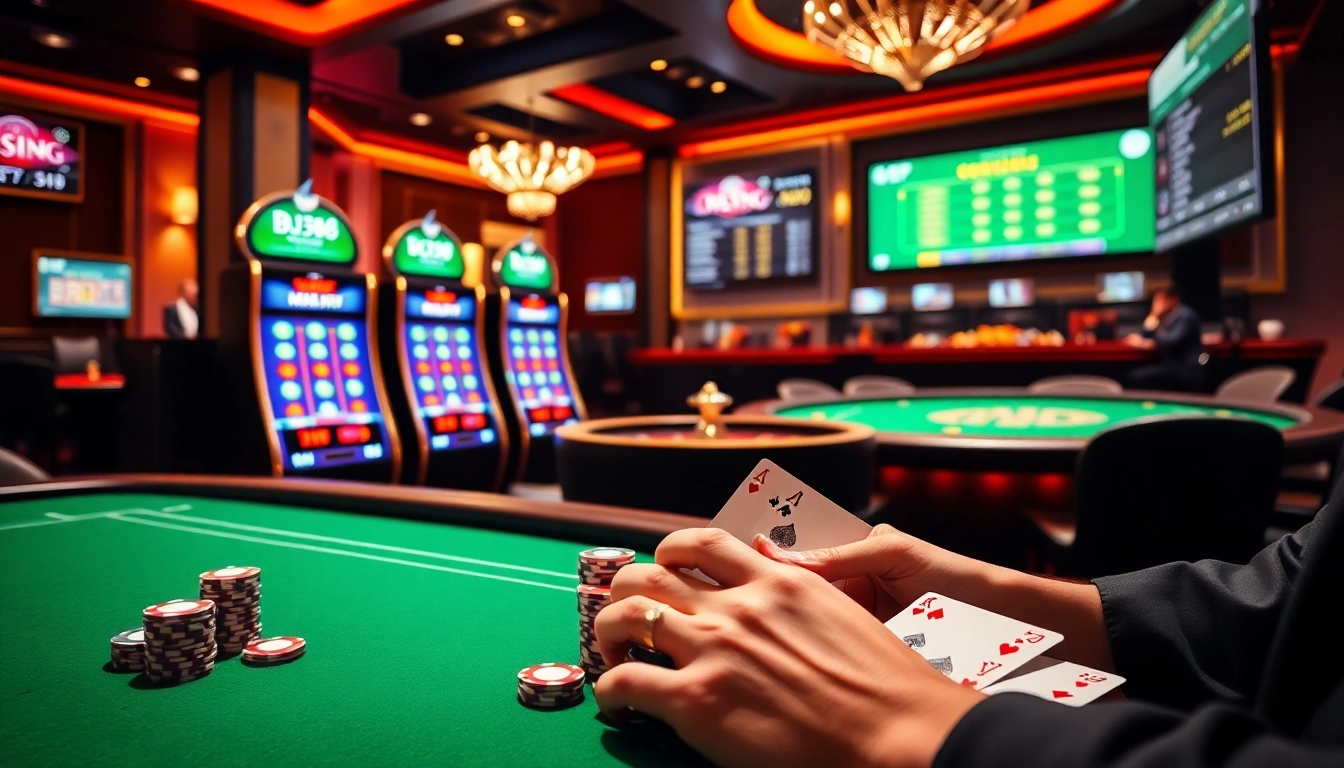 Experience the thrill of casino gaming with vibrant visuals from the website UU88, featuring exciting slot machines and gaming tables.