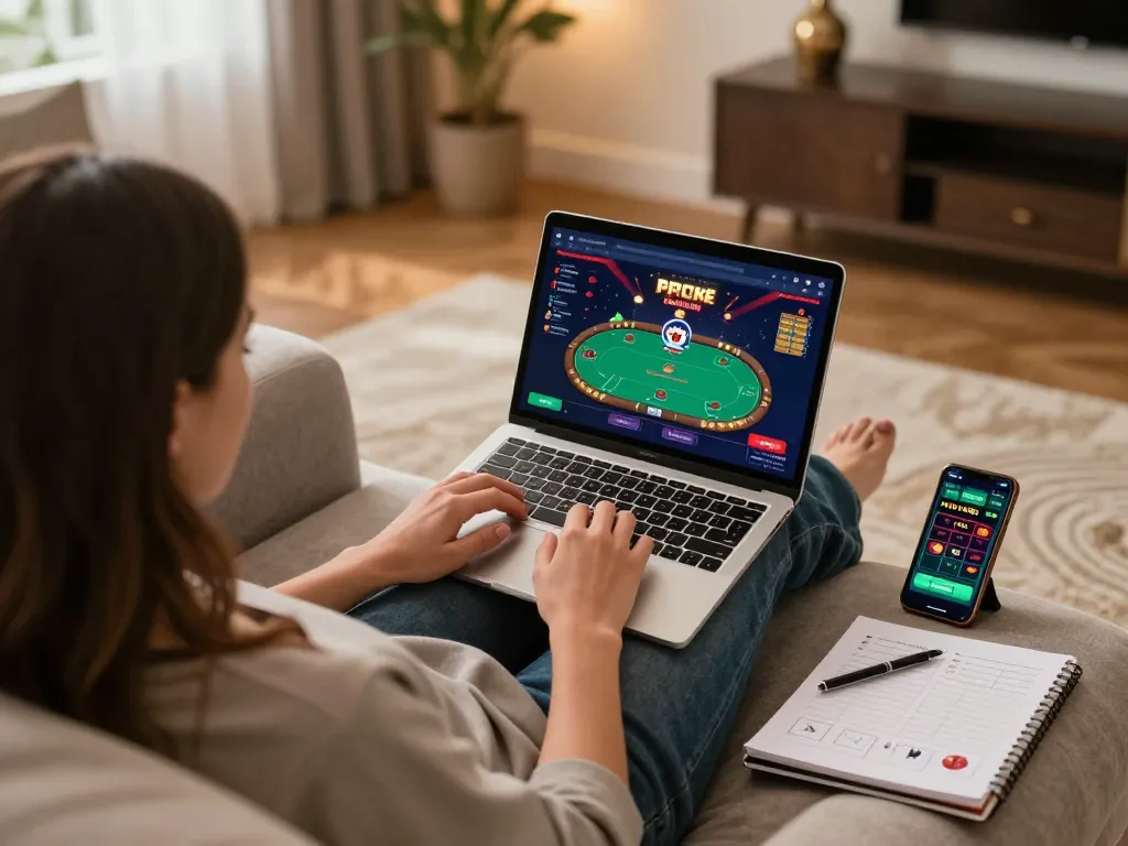 Engaged player using 98win trang chu for online gambling in a cozy home setup