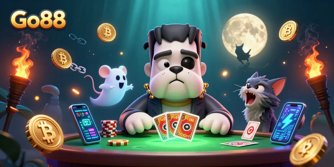 Play at Go88 with an engaging scene featuring unique characters, dynamic gaming elements, and crypto coins.