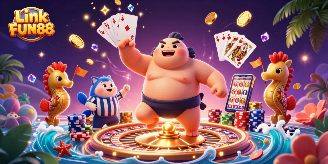 Experience the thrill of gaming with Link FUN88 in a vibrant underwater casino scene.