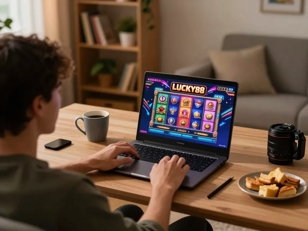 Engaging with LUCKY88 slot game on a laptop in a cozy home gaming setup.