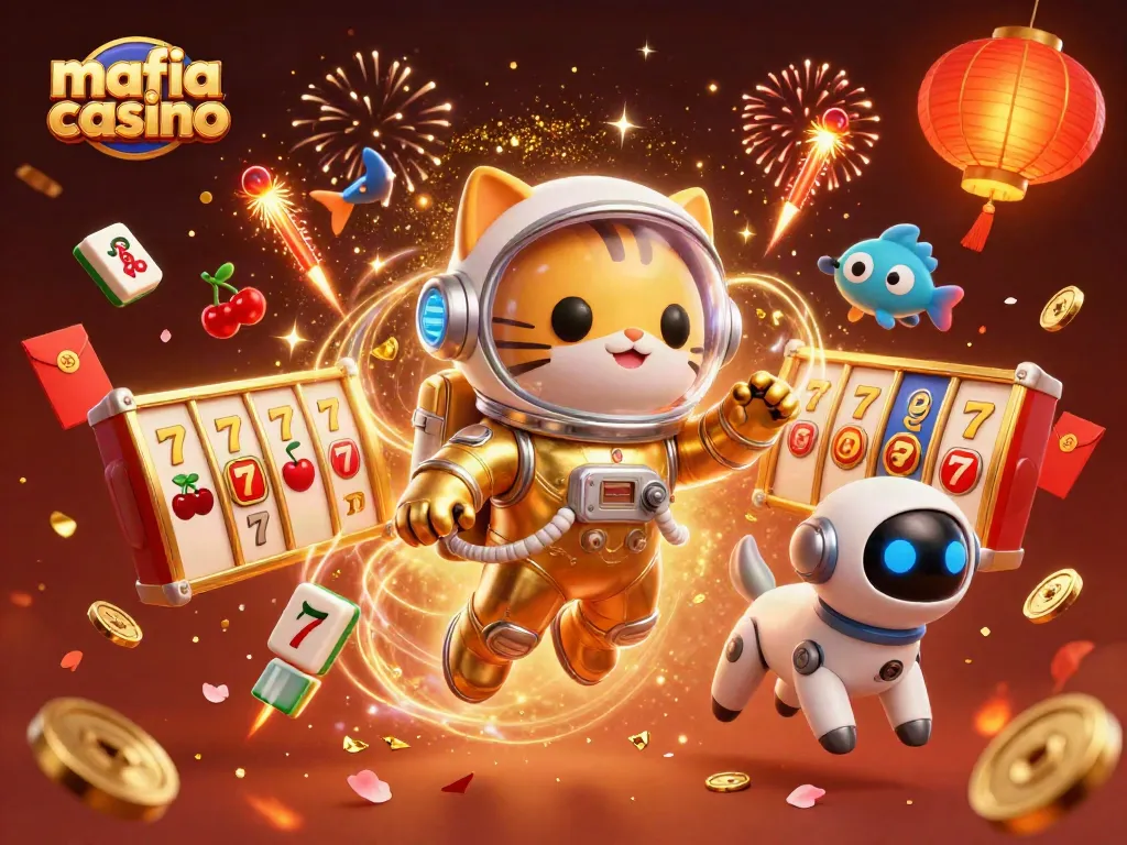 Mafia casino theme illustrated with astronaut cat and robot dog in a vibrant casino setting