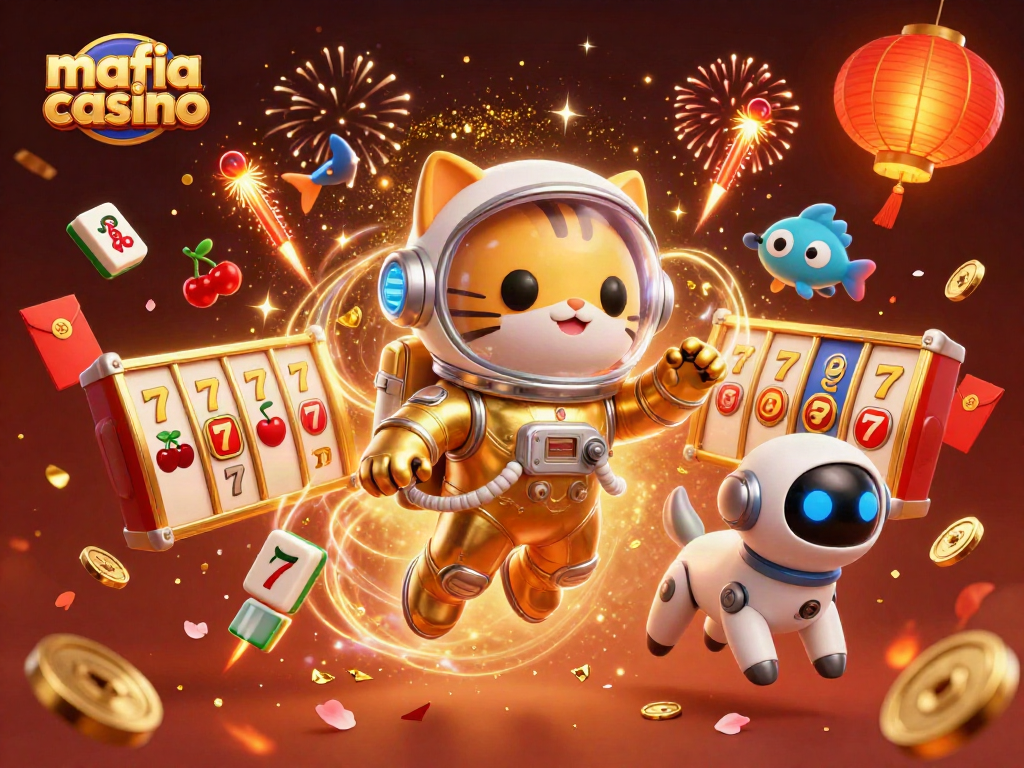 Mafia casino theme illustrated with astronaut cat and robot dog in a vibrant casino setting
