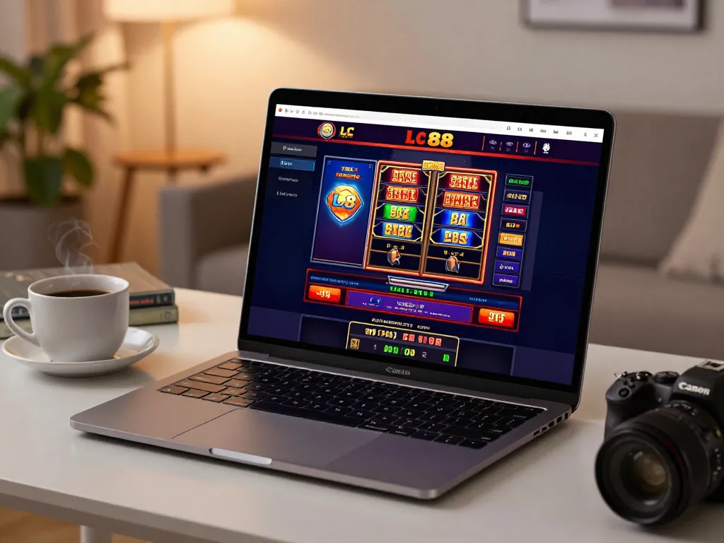 Playing LC 88 online casino games on a laptop in a cozy home setting with strategic gameplay focus.