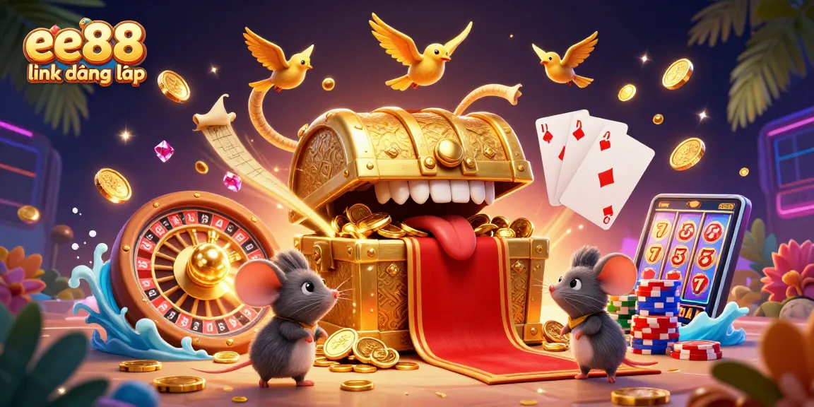 Win big at EE88 link đăng nhập with this extravagant 3D casino illustration full of game elements.