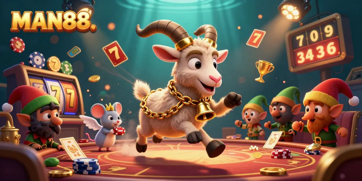 Engaging MAN88 gaming scene with festive Krampus, angel mouse, and gremlins amidst chaos of slot machines.