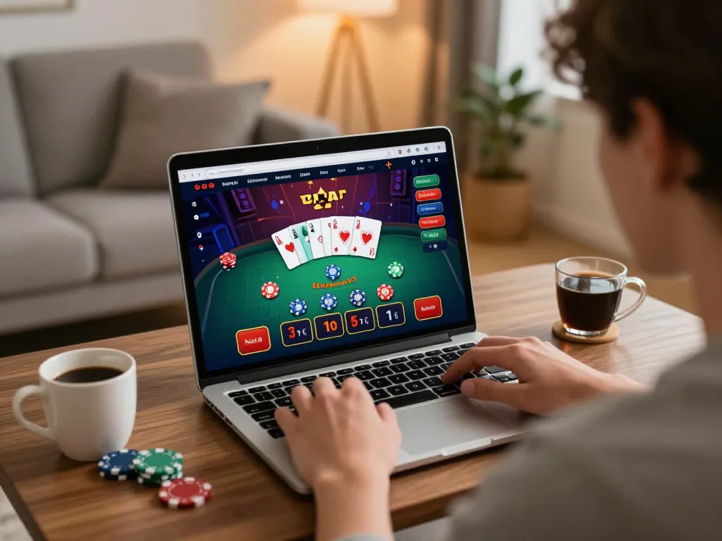 LC88 player engaging with online casino game on a laptop in a cozy living room