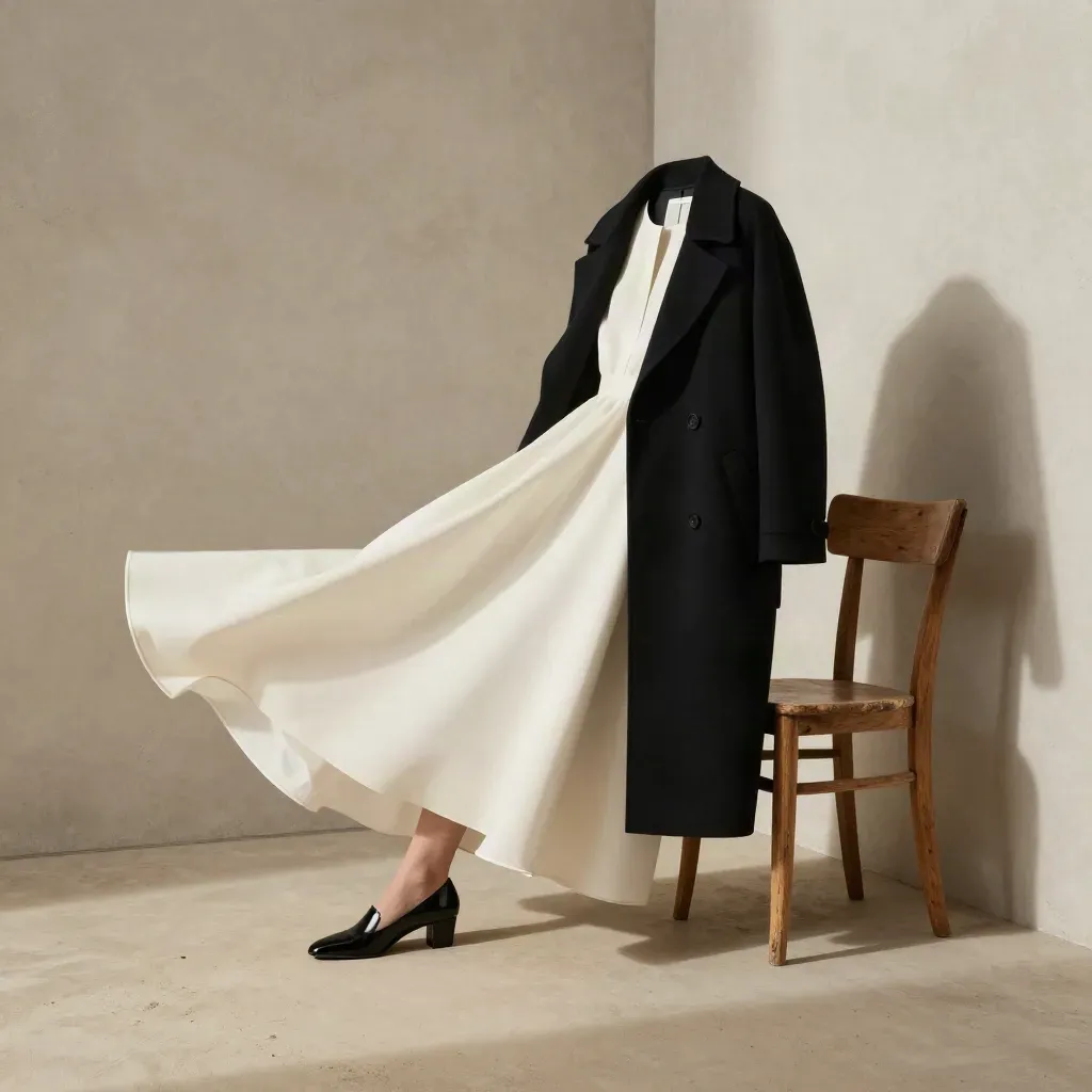 Abito bianco e cappotto nero mossi dal vento con décolleté lucide e sedia grezza in studio
