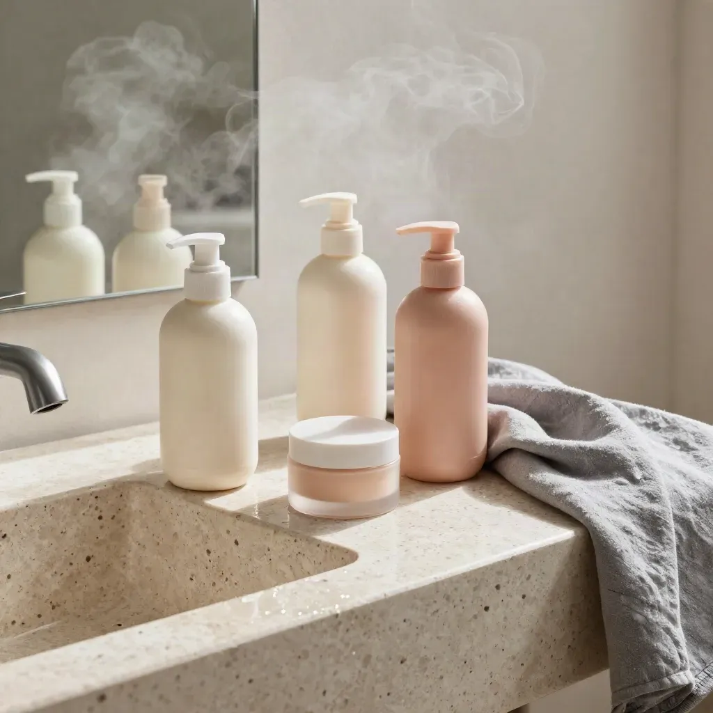 Lavabo in travertino con flaconi satinati, crema blush e specchio appannato in mattina luminosa.