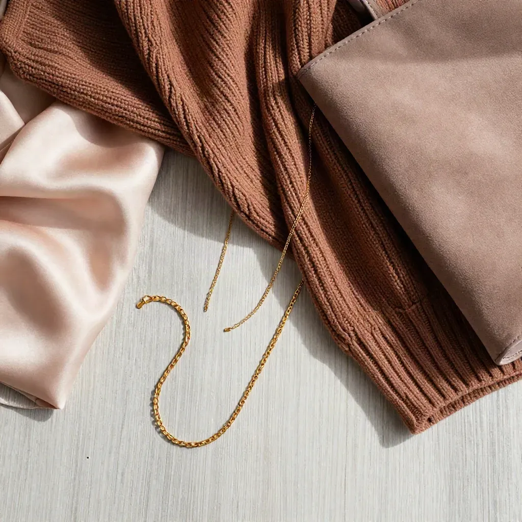 Maglia cacao, seta rosa cipria, gioielli oro e borsa suede su tavolo di legno chiaro.