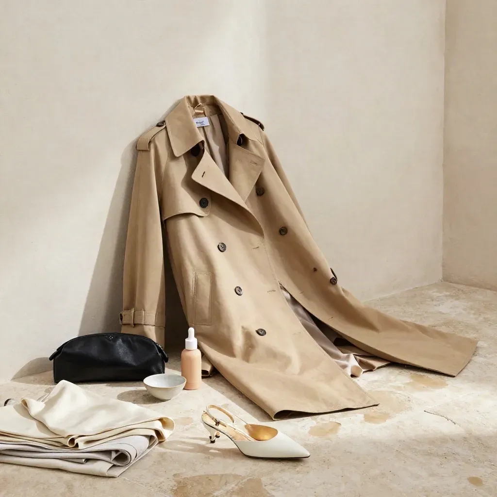 Trench sabbia, clutch nero e slingback avorio su pietra chiara dopo la pioggia.