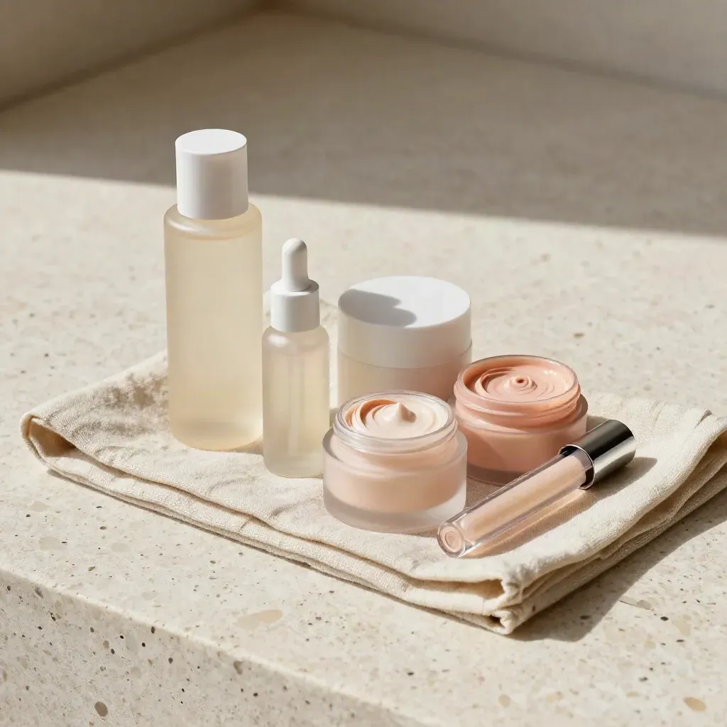 Cinque prodotti beauty nude su pietra chiara con luce radente e lino morbido.