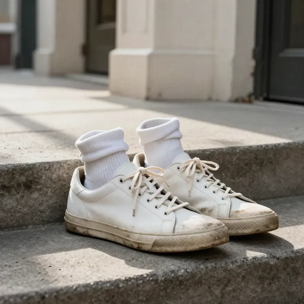 Sneaker bianche vissute su gradino di cemento, con lacci sciolti e calze piegate.