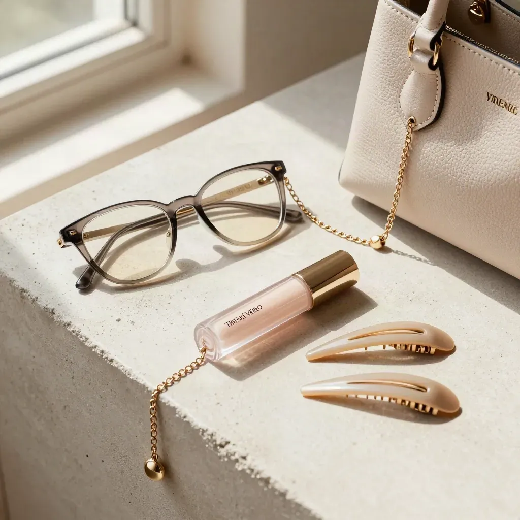 Occhiali stretti, charm metallici, lip oil, clip e mini tote su cemento chiaro.