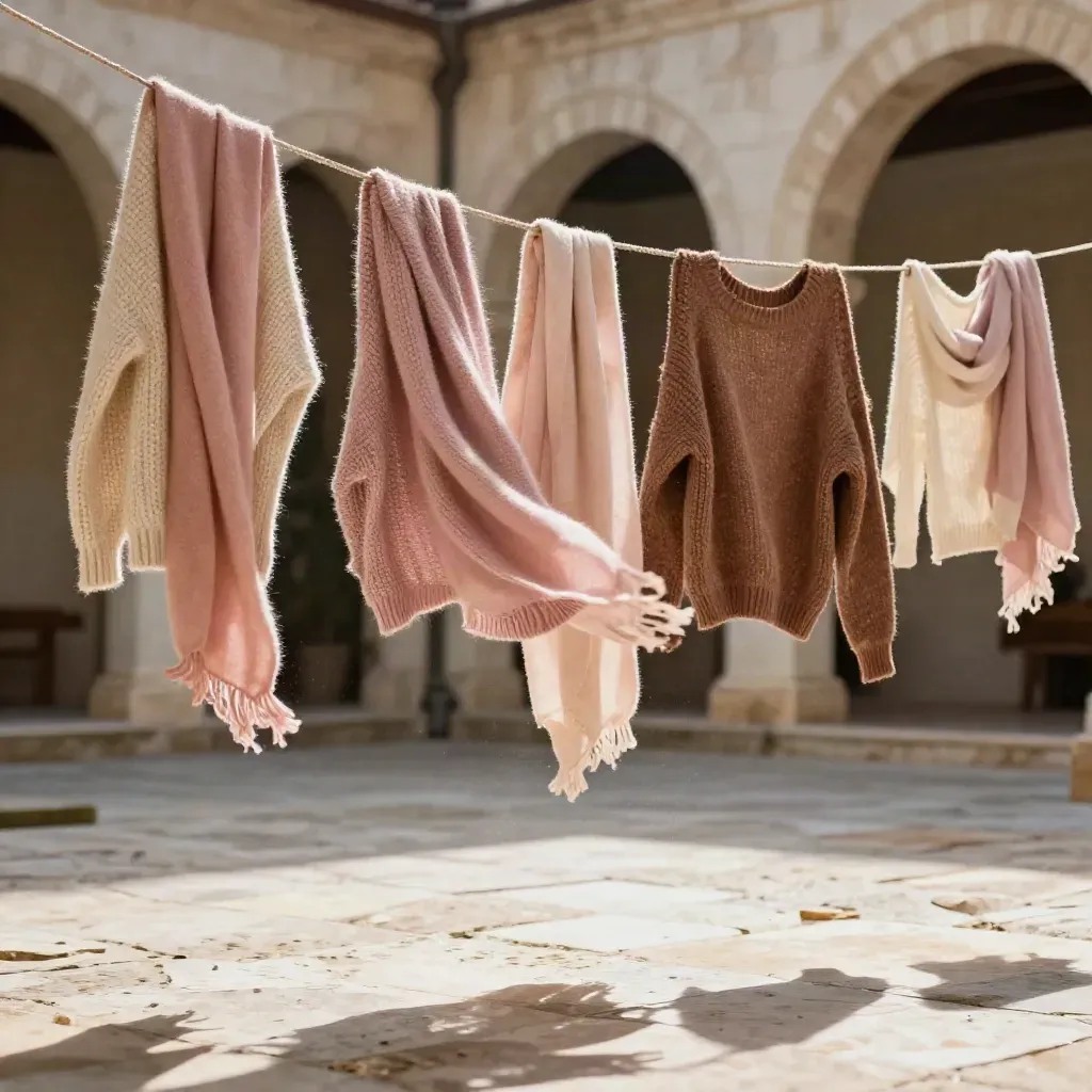 Maglioni cacao e sciarpe rosa cipria appesi in un cortile di pietra, mossi dal vento.