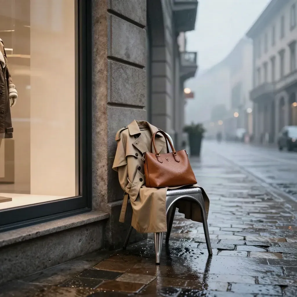 Angolo di Milano all’ora blu con trench su sedia e pavé bagnato tra riflessi urbani.