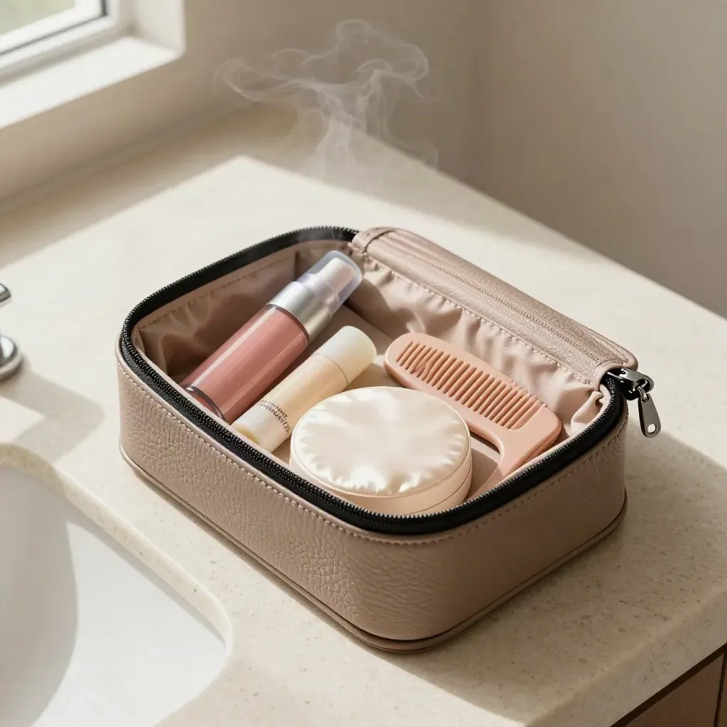 Beauty case da viaggio aperto con mini spray, balm, crema e pettine su travertino, con vapore lieve.