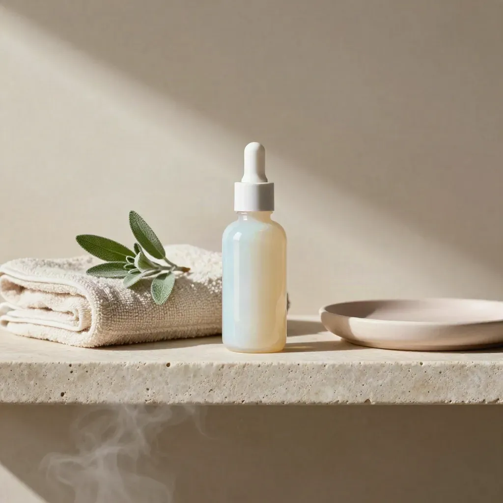 Siero in vetro opalino, salvietta di lino, piantina e dish ceramico su mensola di pietra.
